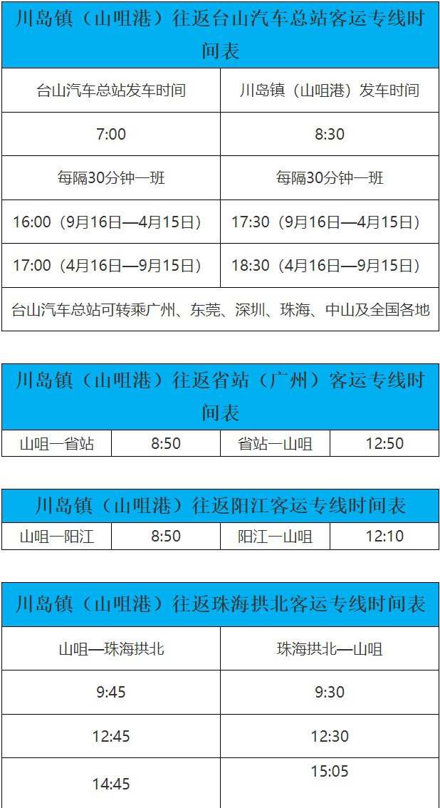 山咀港往返广州、台城、阳江、珠海客运时间表