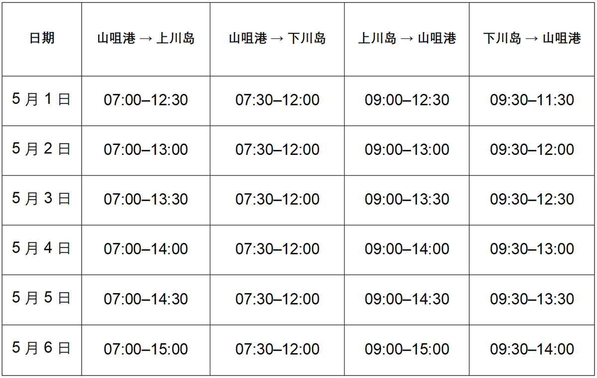 五一假期车渡航班调整通告